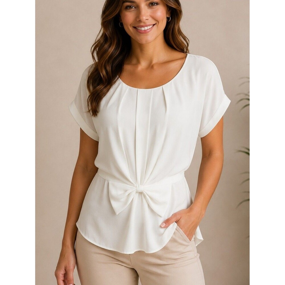 Bellatrix Off White Cream Sheer Short Sleeved Blouse, Peplum W/ Bow, XS